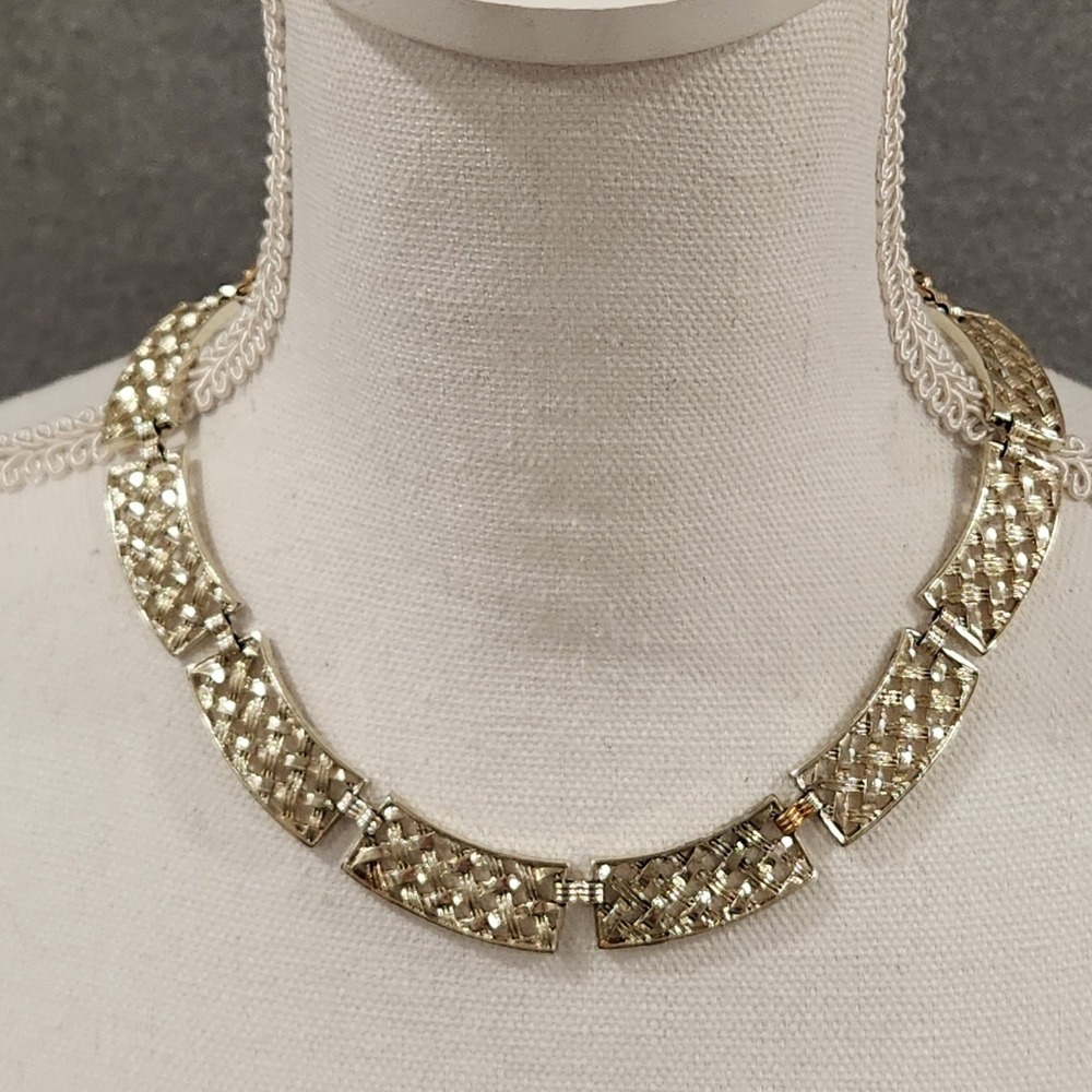Gold Tone Woven Textured Choker Necklace 18" Lattice Bars Statement